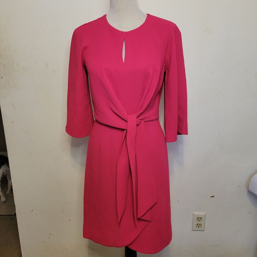 Tahari Arthur S Levine Pink Dress Women Size 2 Tie Waist Keyhole 3/4 Sleeve